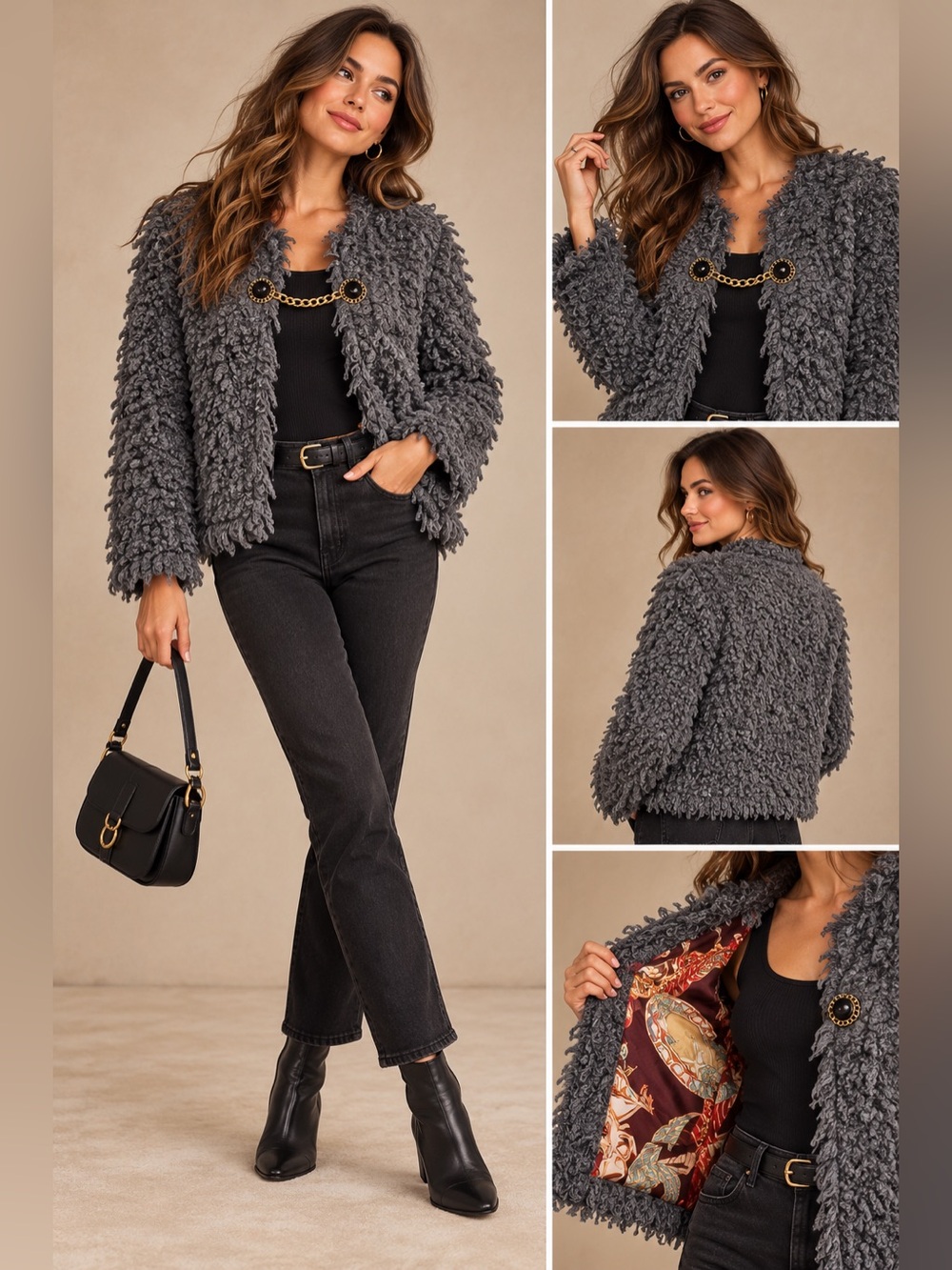 ZARA A/W 2019 Gray Faux Shearling Coat Jacket Chain Closure Printed Lining M